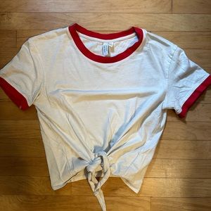 & Other Stories White Red Trim Crop Top T-Shirt Tie Knot 4